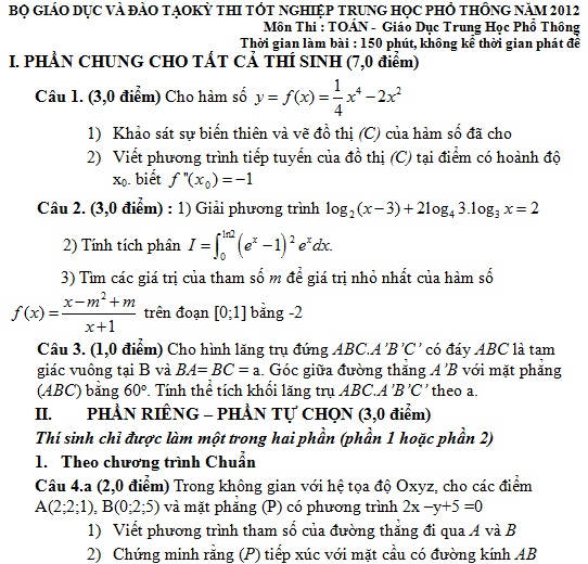 Gợi ý giải đề thi Toán tốt nghiệp THPT 2012